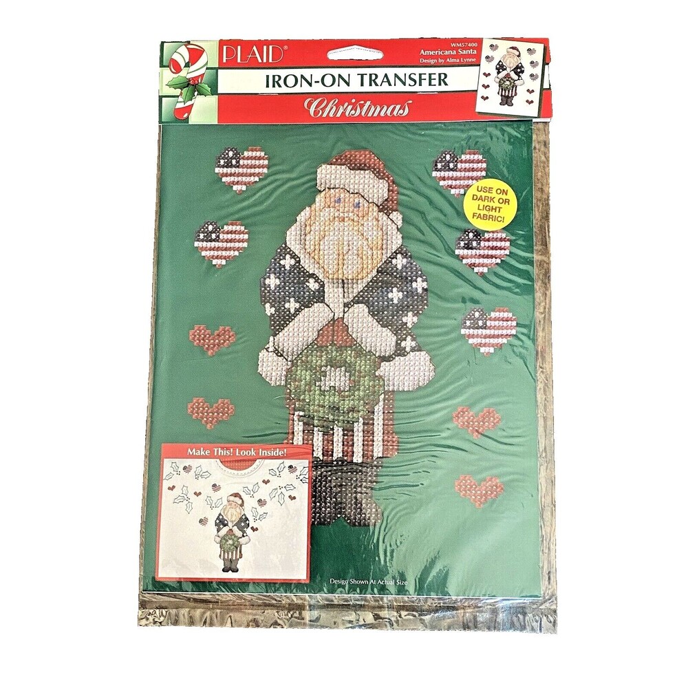 Vintage Plaid Iron On Transfer Christmas Santa and Hearts Full Color New